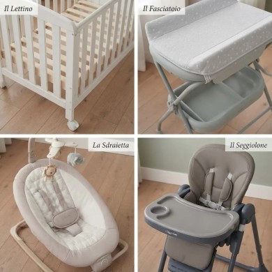 Kit Basic Prima Infanzia con Lettino, Bagnetto, Sdraietta e Seggiolone