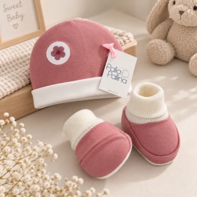 Set Cappellino e Babbucce Neonato Rosa Palla Pallina in 100% cotone