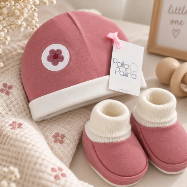 Set Cappellino e Babbucce Neonato Rosa Palla Pallina in 100% cotone