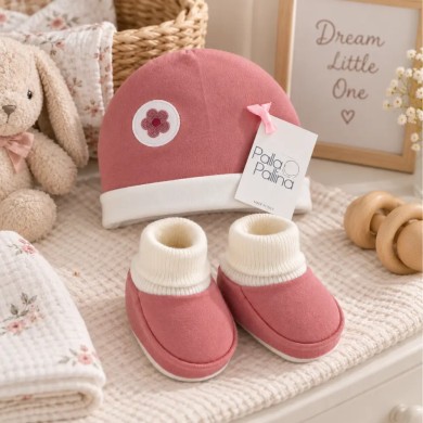 Set Cappellino e Babbucce Neonato Rosa Palla Pallina in 100% cotone