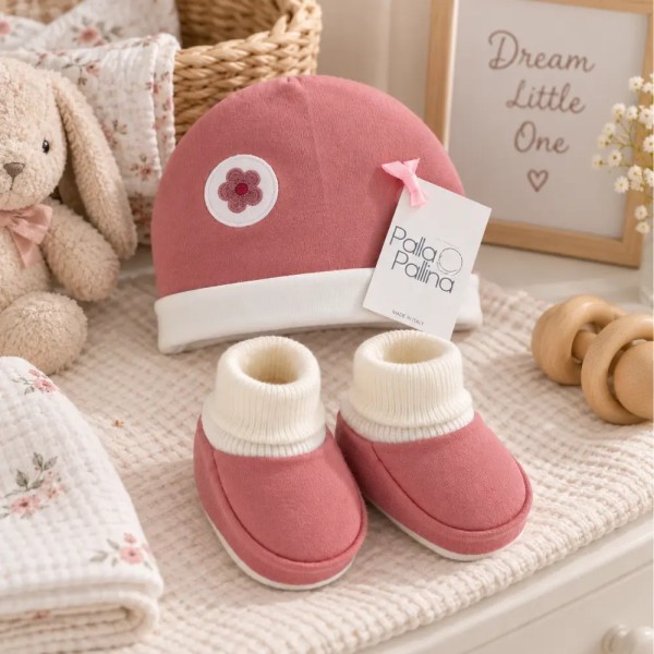Set Cappellino e Babbucce Neonato Rosa Palla Pallina in 100% cotone