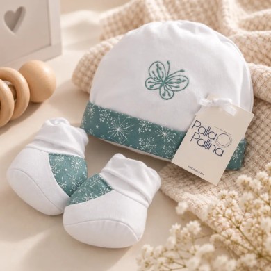 Set Cappellino e Babbucce Neonato Palla Pallina 100% Cotone Butterfly