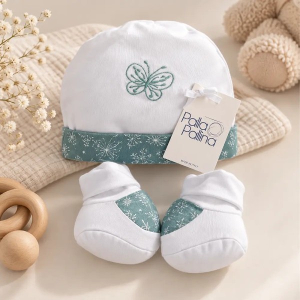 Set Cappellino e Babbucce Neonato Palla Pallina 100% Cotone Butterfly