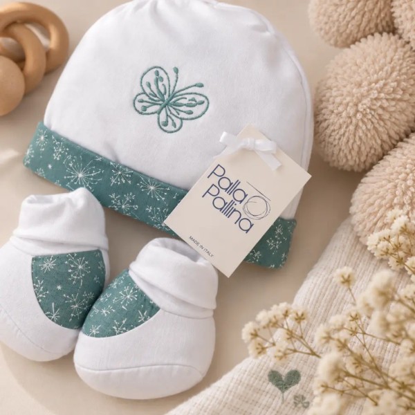 Set Cappellino e Babbucce Neonato Palla Pallina 100% Cotone Butterfly