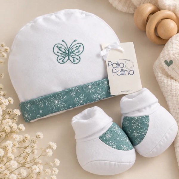 Set Cappellino e Babbucce Neonato Palla Pallina 100% Cotone Butterfly