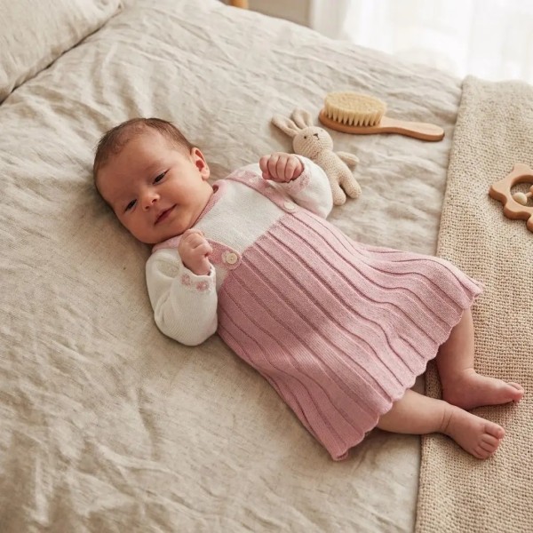 Abitino in Maglia Neonata Bianco e Rosa con Bretelle