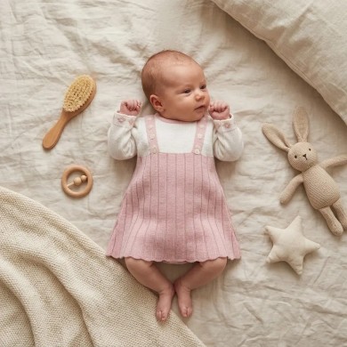Abitino in Maglia Neonata Bianco e Rosa con Bretelle