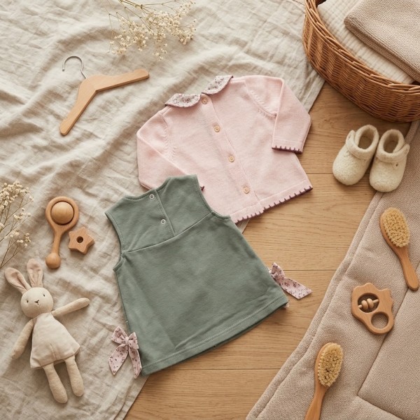 Completo 2 Pezzi Bambina Abitino Verde Salvia e Maglia Rosa