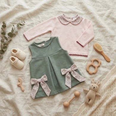 Completo 2 Pezzi Bambina Abitino Verde Salvia e Maglia Rosa
