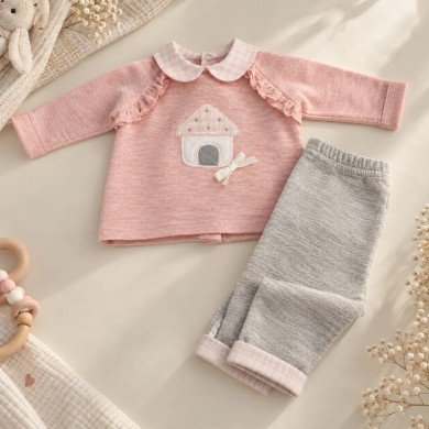 Completo 2 Pezzi Neonata Rosa e Grigio con Casetta