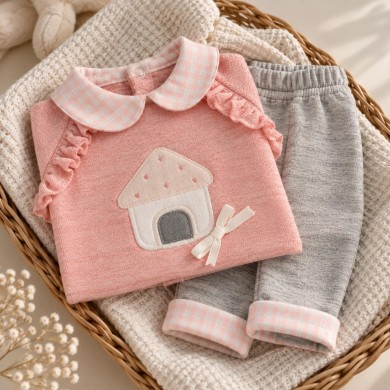Completo 2 Pezzi Neonata Rosa e Grigio con Casetta