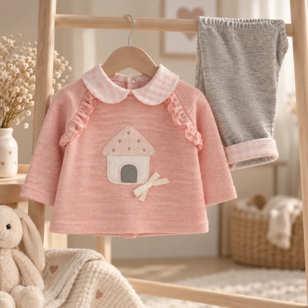 Completo 2 Pezzi Neonata Rosa e Grigio con Casetta