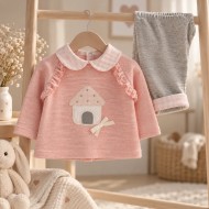 Completo 2 Pezzi Neonata Rosa e Grigio con Casetta