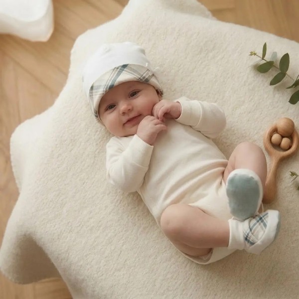Set Cappellino e Babbucce "Tartan" Neonato Palla Pallina in 100% coton