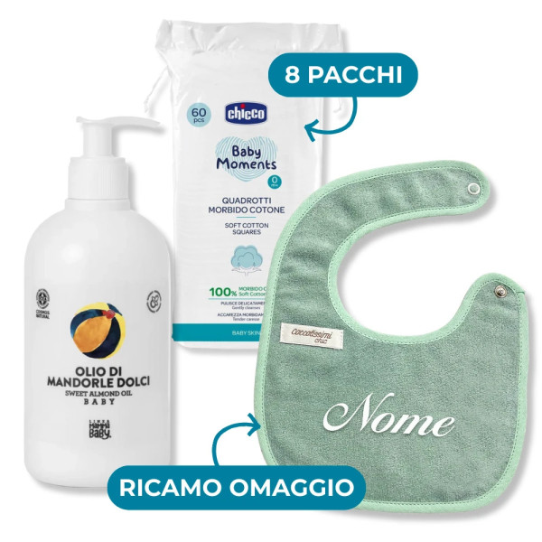 Kit Dolci Coccole Quadrotti,olio di mandorle e bavaglino
