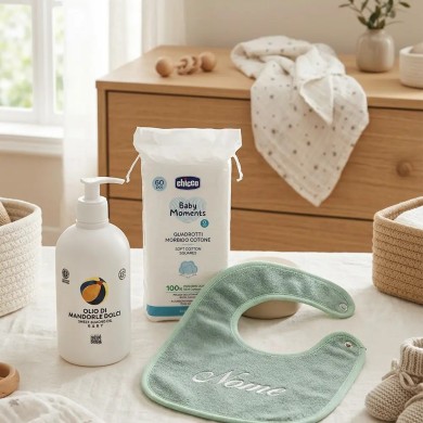 Kit Dolci Coccole Quadrotti,olio di mandorle e bavaglino